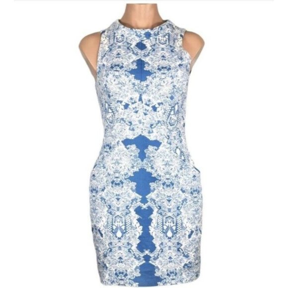 SHEIKE Floral Sheath Dress Sze 8 Sleeveless  Blue White Hamptons boho pockets - Picture 1 of 5